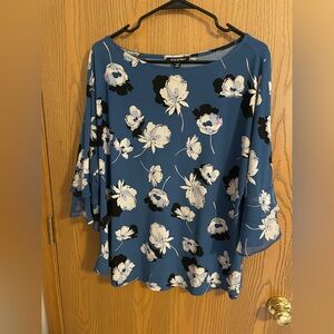 Roz & Ali Blue Floral Blouse with Bell Sleeves